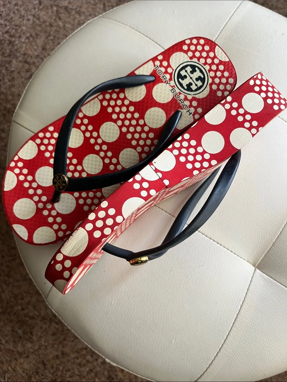 Tory Burch Red & Cream Polka Dot Flip Flop Sandals with Blue straps